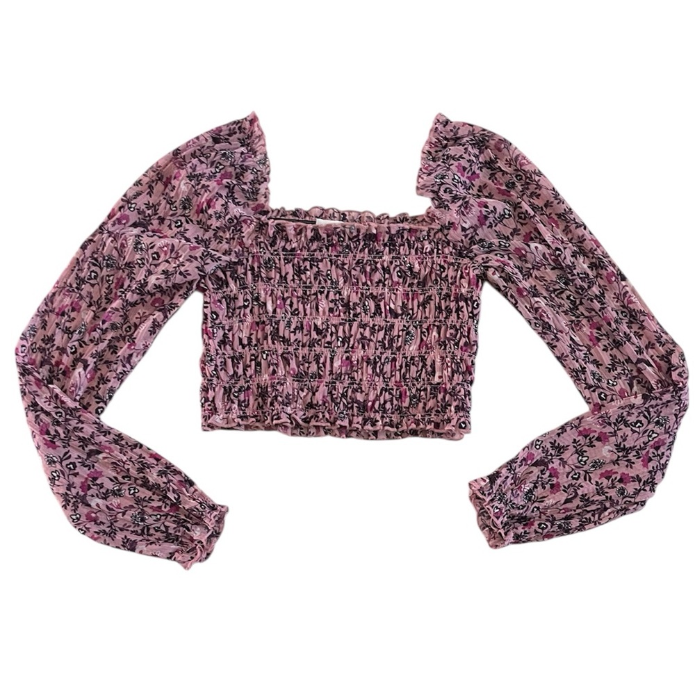 Socialite Pink Floral Crop Ruched Long-Sleeve Top